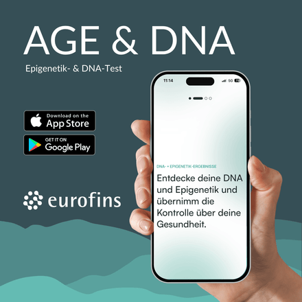 Produktgrafik zum AGE & DNA-Test: eine Hand hält ein Smartphone mit der LIFETIME App, daneben App-Store- und Google-Play-Badges und das Eurofins-Logo