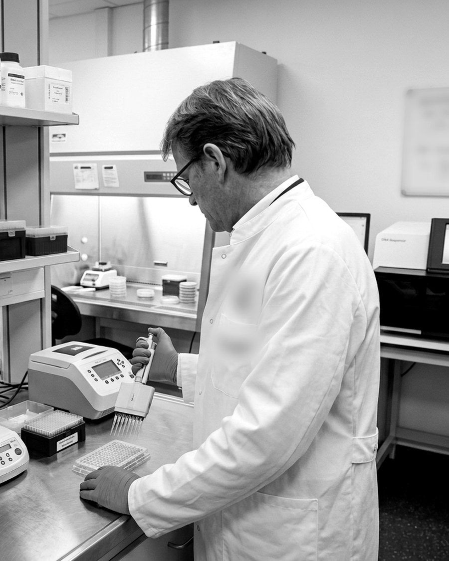 Wissenschaftler pipettiert im Labor in eine Mikrotiterplatte, im Hintergrund Analysegeräte